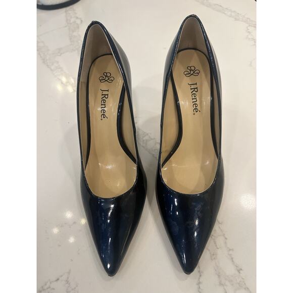 J.‎ RENEE Carrara Sz 7.5 M Navy Pointed Toe Gold High Heels Pumps Patent Leather - Picture 5 of 11